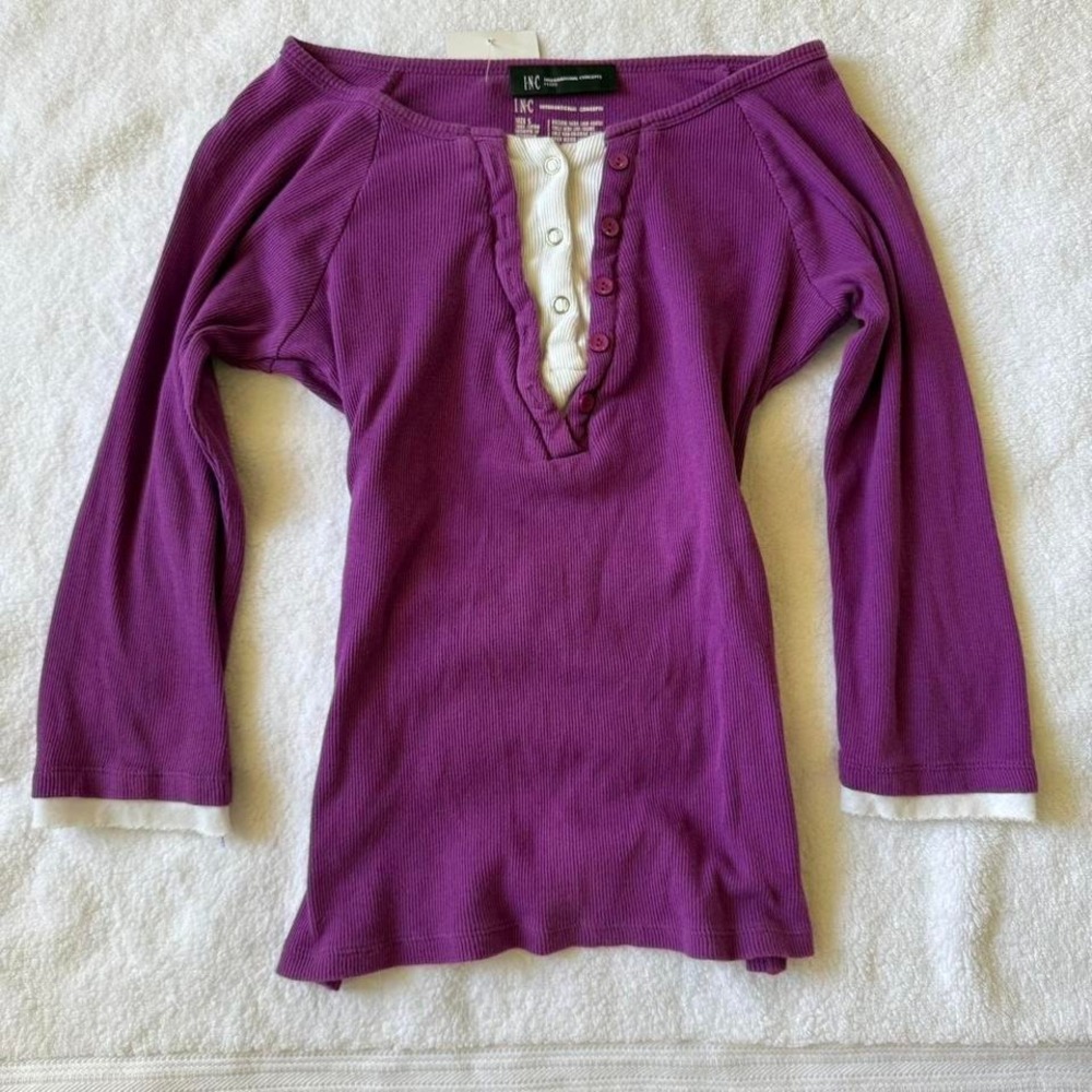 early 2000s purple top with quarter button and white underlay